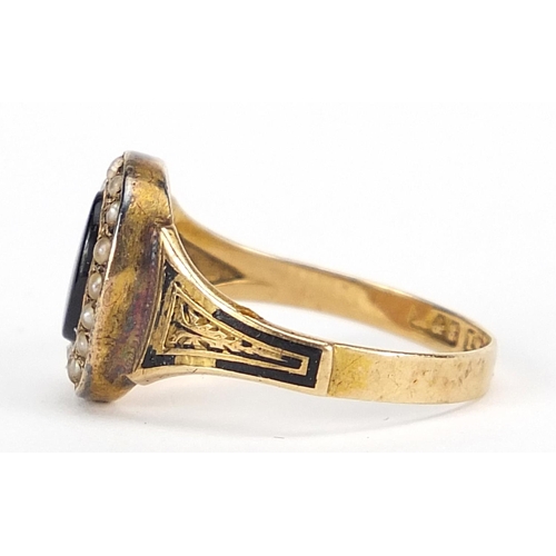 92 - Antique 15ct gold, enamel, black onyx and seed pearl mourning ring engraved 'In memory of my darling... 