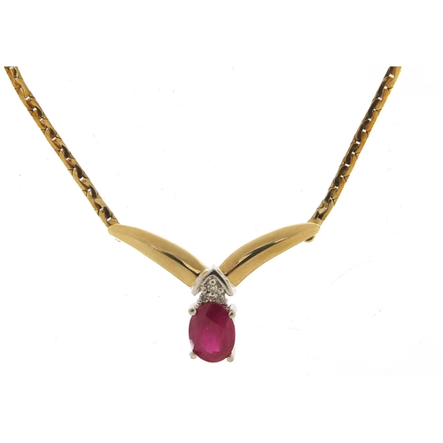 675 - 9ct gold ruby and diamond necklace, housed in a fitted box, 40cm in length, 5.5g