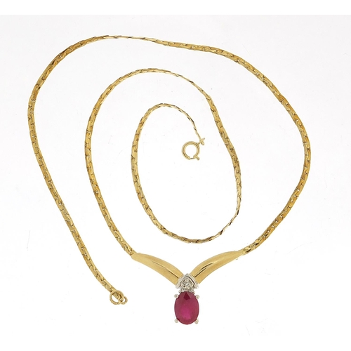 675 - 9ct gold ruby and diamond necklace, housed in a fitted box, 40cm in length, 5.5g