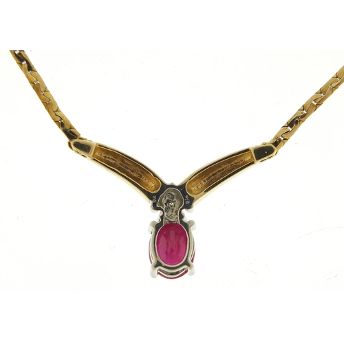 675 - 9ct gold ruby and diamond necklace, housed in a fitted box, 40cm in length, 5.5g