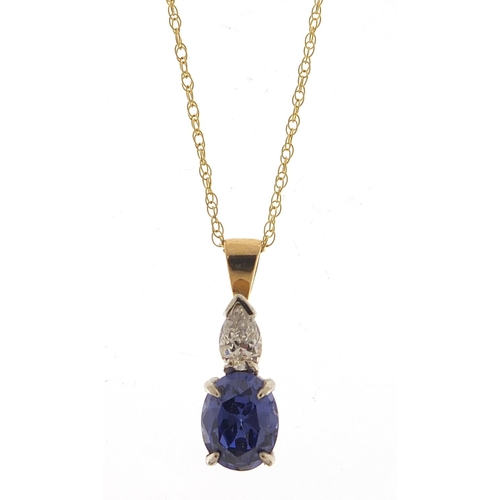 321 - 9ct gold tanzanite and cubic zirconia pendant on a 9ct gold necklace, 2cm high and 44cm in length, t... 