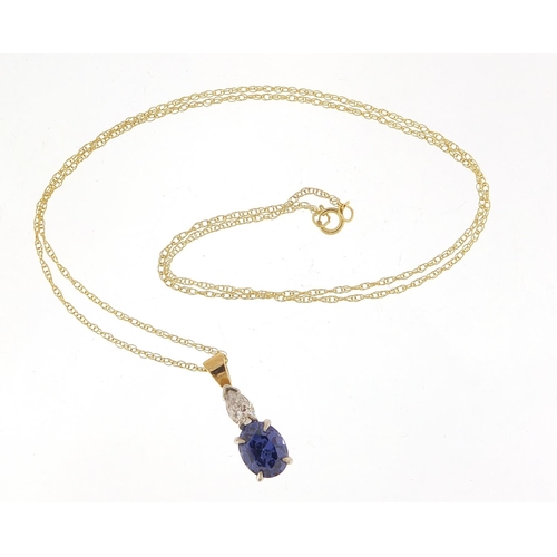 321 - 9ct gold tanzanite and cubic zirconia pendant on a 9ct gold necklace, 2cm high and 44cm in length, t... 