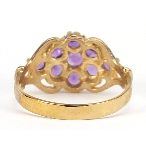 832 - 9ct gold amethyst cluster ring, size M/N, 3.0g