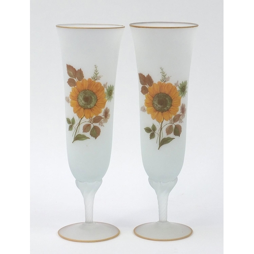 1798 - Large pair of frosted glass vases decorated with flowers, each 37.5cm high