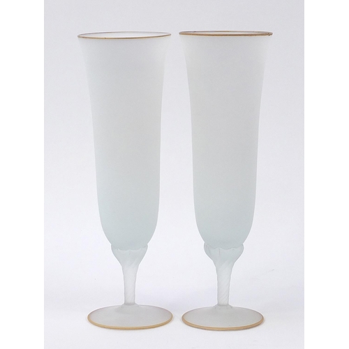 1798 - Large pair of frosted glass vases decorated with flowers, each 37.5cm high