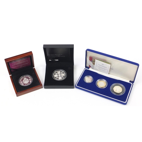 1725 - Silver proof coins comprising a 2003 Piedfort three coin collection, Royal Baby Christening silver c... 