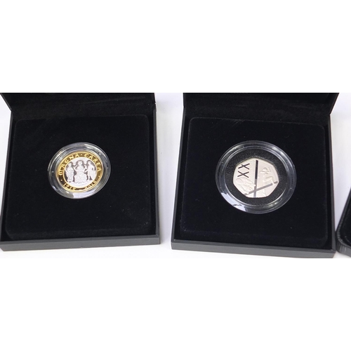 1726 - Six silver proof coins with cases and boxes comprising 50th Anniversary of the Death of Sir Winston ... 