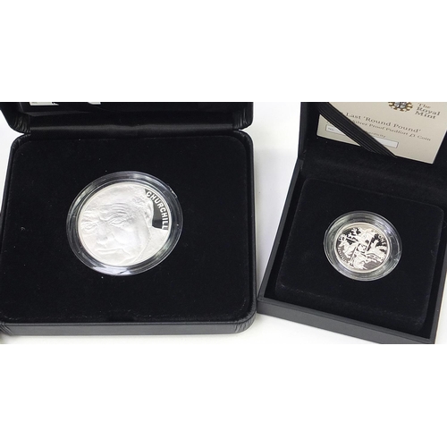 1726 - Six silver proof coins with cases and boxes comprising 50th Anniversary of the Death of Sir Winston ... 