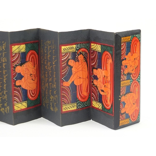 1790 - Indian fold out book hand painted with erotic scenes and calligraphy, 19.5cm x 7.5cm when closed