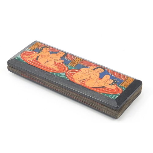 1790 - Indian fold out book hand painted with erotic scenes and calligraphy, 19.5cm x 7.5cm when closed