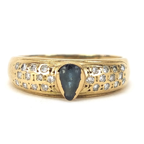 1855 - 9ct gold tear drop sapphire and diamond ring, size F, 1.2g