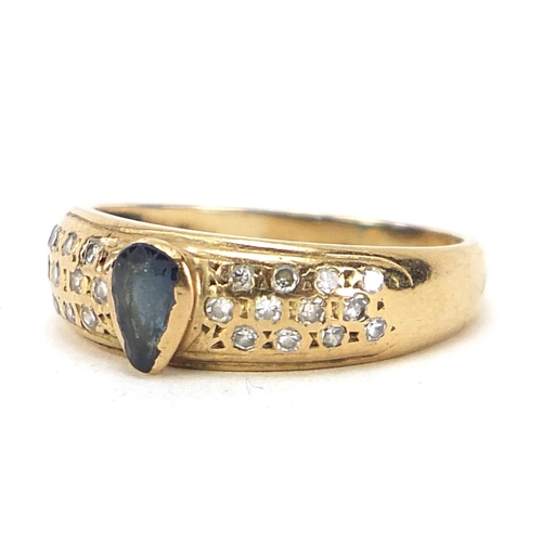 1855 - 9ct gold tear drop sapphire and diamond ring, size F, 1.2g