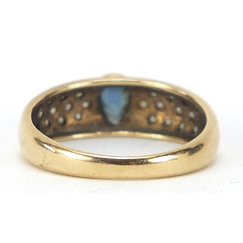 1855 - 9ct gold tear drop sapphire and diamond ring, size F, 1.2g