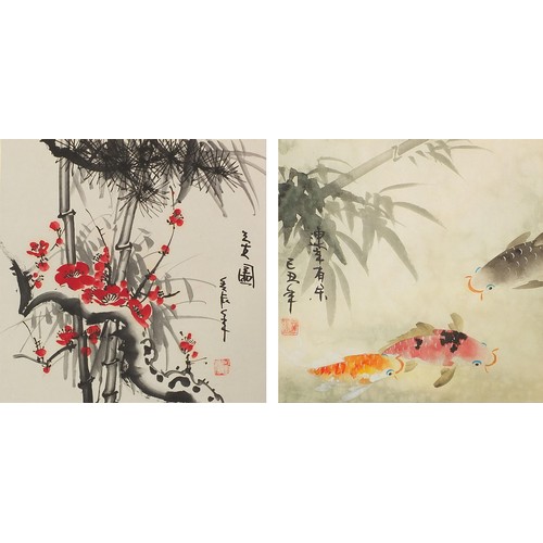 1949 - Koi and Cherry blossom, pair of Chinese watercolour wall hanging scrolls, each 33cm x 33cm