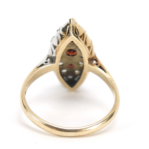 902 - 9ct gold garnet and cubic zirconia marquise shape ring, size O, 3.8g