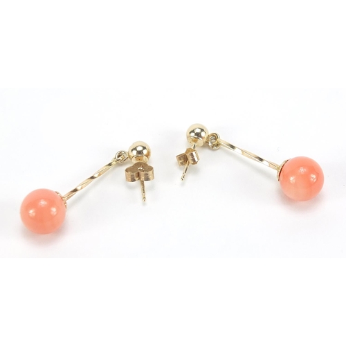 144 - Pair of 9ct gold pink coral drop earrings, 2.8cm high, 1.9g