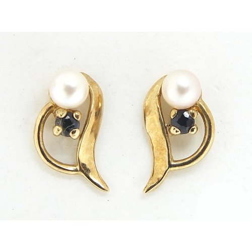 2555 - Pair of 9ct gold cultured pearl and sapphire stud earrings, 1.1cm high, 0.9g