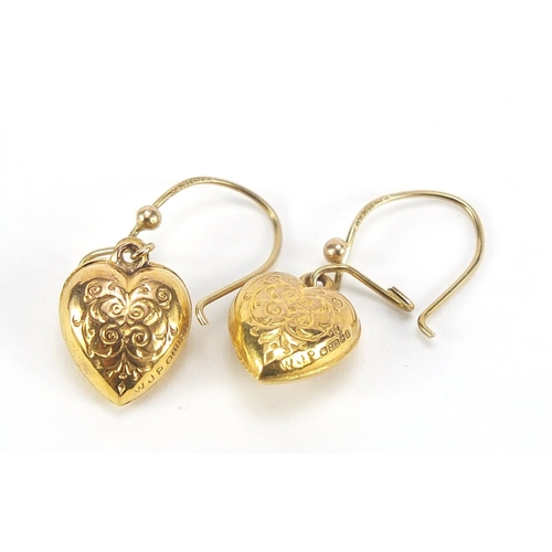 466 - Pair of Victorian design 9ct gold love heart drop earrings, overall 2.7cm high, 1.2g