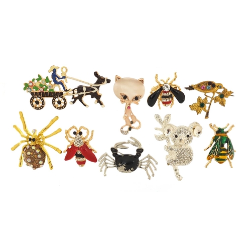 1996 - Nine jewelled and enamel animal and insect brooches including koala, crab, spider and bees, the larg... 