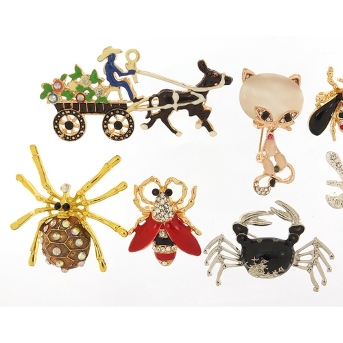 1996 - Nine jewelled and enamel animal and insect brooches including koala, crab, spider and bees, the larg... 