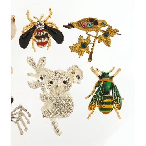 1996 - Nine jewelled and enamel animal and insect brooches including koala, crab, spider and bees, the larg... 