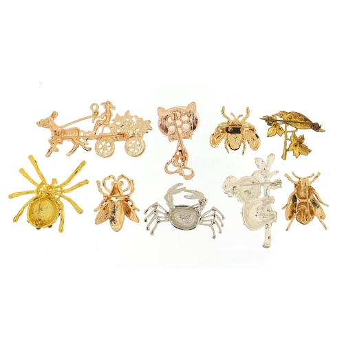 1996 - Nine jewelled and enamel animal and insect brooches including koala, crab, spider and bees, the larg... 