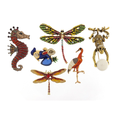 1925 - Six jewelled and enamel animal and insect brooches including seahorse, dragonflies, monkey and stork... 