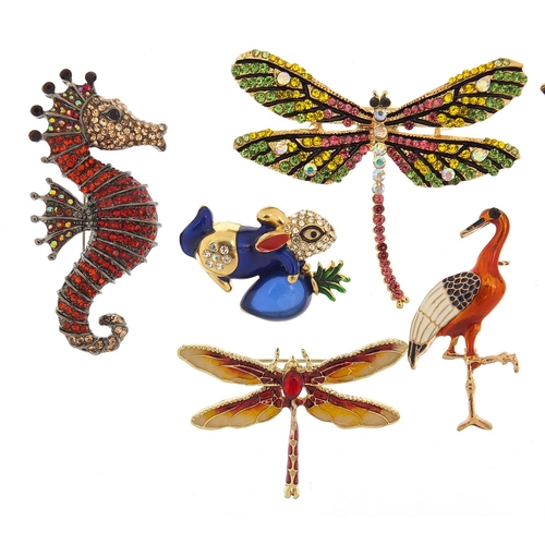 1925 - Six jewelled and enamel animal and insect brooches including seahorse, dragonflies, monkey and stork... 