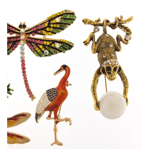 1925 - Six jewelled and enamel animal and insect brooches including seahorse, dragonflies, monkey and stork... 