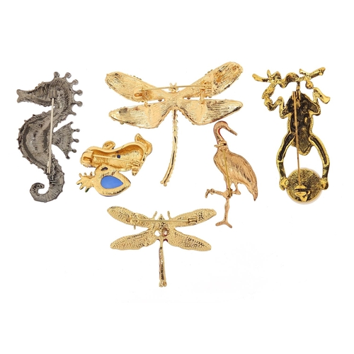 1925 - Six jewelled and enamel animal and insect brooches including seahorse, dragonflies, monkey and stork... 