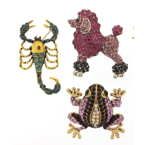 1821 - Six jewelled and enamel animal and insect brooches including scorpion, poodle, parrot and frog, the ... 