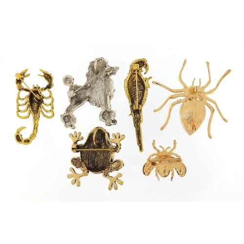 1821 - Six jewelled and enamel animal and insect brooches including scorpion, poodle, parrot and frog, the ... 