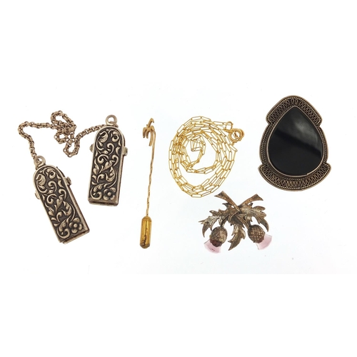 2099 - Vintage and later jewellery including a 9ct gold stick pin and a silver Scottish thistle brooch