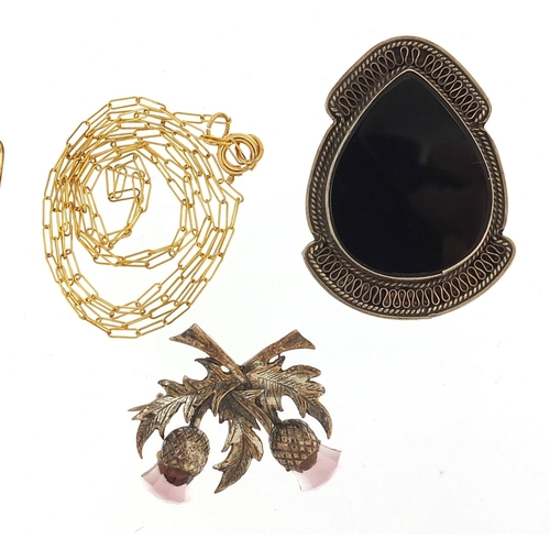 2099 - Vintage and later jewellery including a 9ct gold stick pin and a silver Scottish thistle brooch