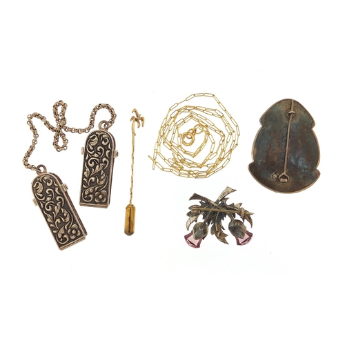 2099 - Vintage and later jewellery including a 9ct gold stick pin and a silver Scottish thistle brooch