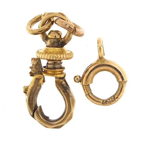 2031 - Two 9ct gold jewellery clasps, the largest 1.5cm in length, total 0.8g