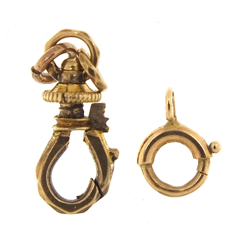 2031 - Two 9ct gold jewellery clasps, the largest 1.5cm in length, total 0.8g