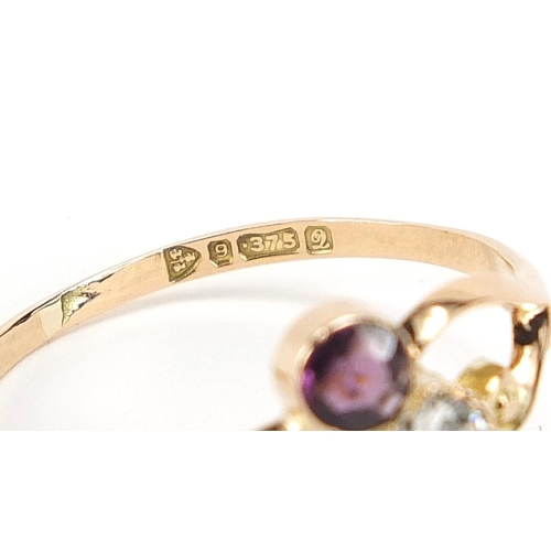 274 - George V 9ct gold diamond and amethyst ring, the diamond approximately 4mm in diameter, hallmarked C... 