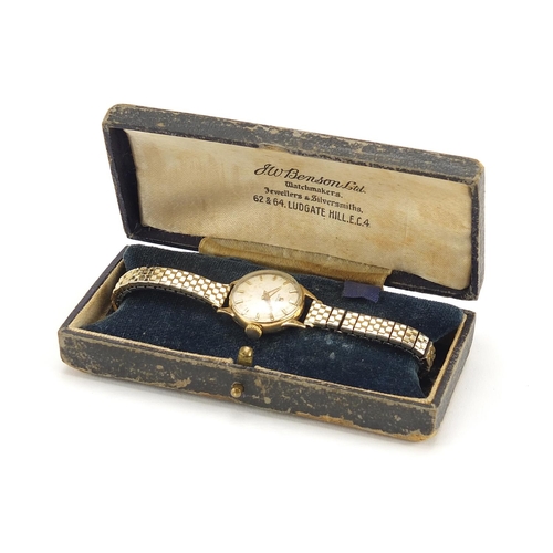 1139 - Omega, vintage ladies 9ct gold wristwatch housed in a J W Benson box, 19mm in diameter