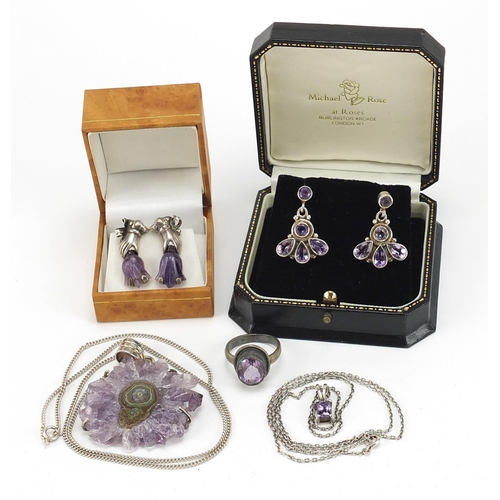 1782 - Silver and amethyst jewellery including a pair of earrings housed in a Michael Rose box and a large ... 