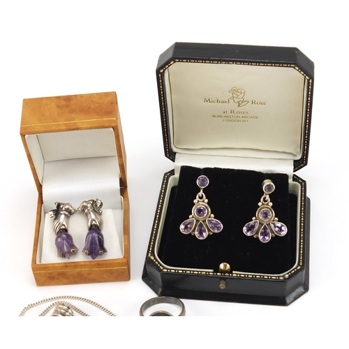 1782 - Silver and amethyst jewellery including a pair of earrings housed in a Michael Rose box and a large ... 