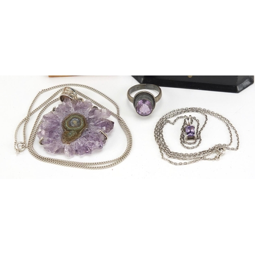 1782 - Silver and amethyst jewellery including a pair of earrings housed in a Michael Rose box and a large ... 