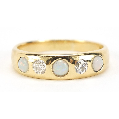 96 - 18ct gold opal and diamond five stone ring, the diamonds approximately 3mm in diameter, size O/P, 4.... 