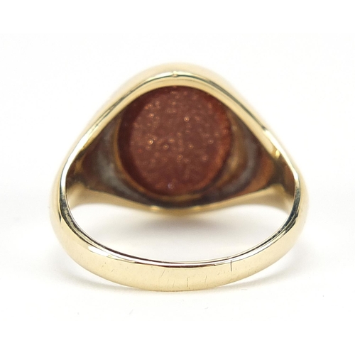 143 - Edwardian 9ct gold goldstone signet ring with engraved shoulders, hallmarked Birmingham 1917, size G... 