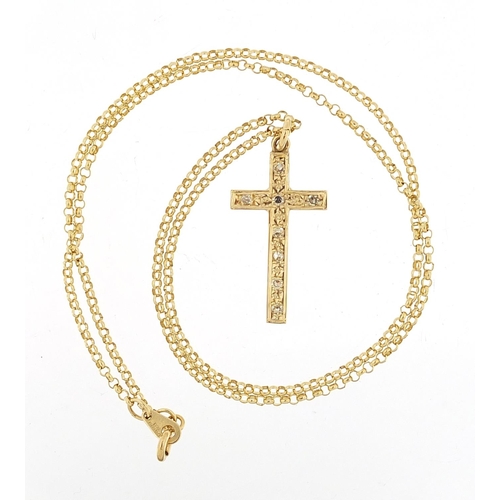 318 - 9ct gold diamond cross pendant on 9ct gold Belcher link necklace, 3cm high and 44cm in length, 4.4g