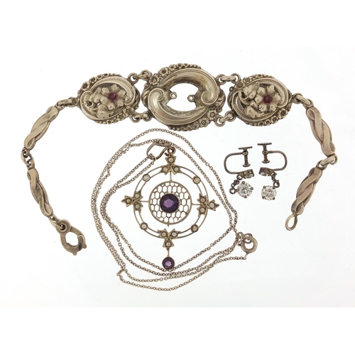 1822 - Silver jewellery comprising Art Nouveau amethyst and seed pearl pendant, Continental 800 bracelet an... 