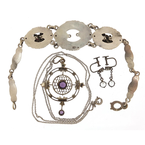 1822 - Silver jewellery comprising Art Nouveau amethyst and seed pearl pendant, Continental 800 bracelet an... 