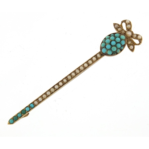 9 - Victorian unmarked gold turquoise and seed pearl bar brooch in the form of a sword, housed in an E H... 