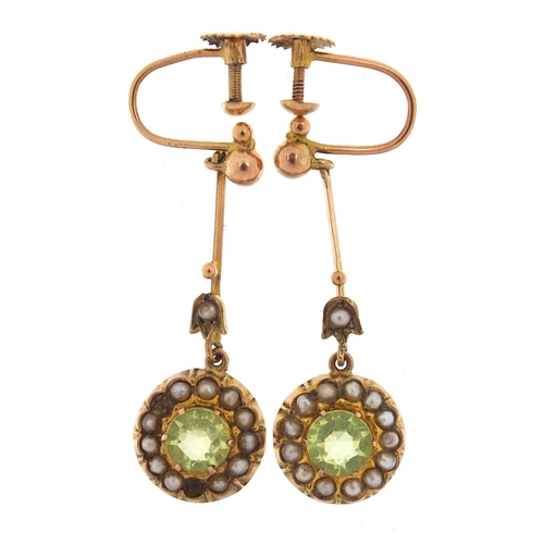 54 - Pair of 9ct gold peridot and seed pearl drop earrings, 3.2cm high, 2.4g