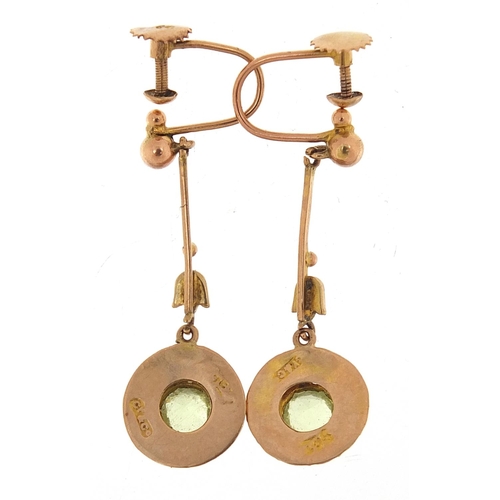 54 - Pair of 9ct gold peridot and seed pearl drop earrings, 3.2cm high, 2.4g